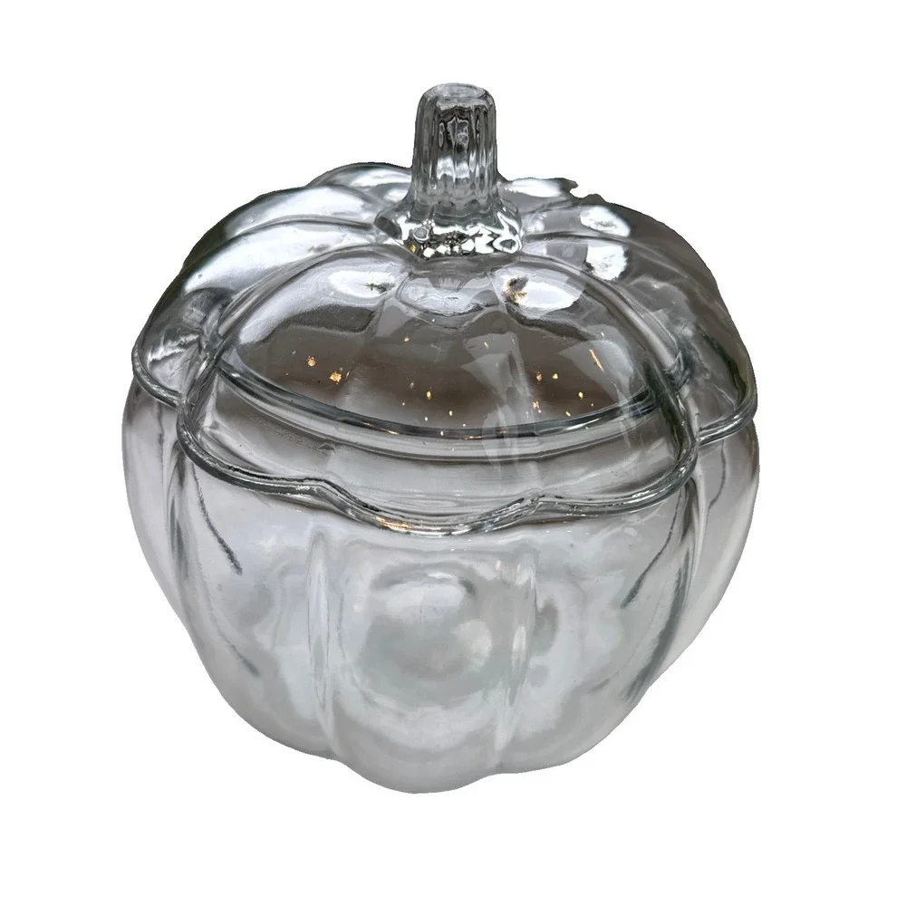 Anchor Hocking Vtg Clear Glass Pumpkin Shaped Jar Lid Cookie Candy Halloween 7.5